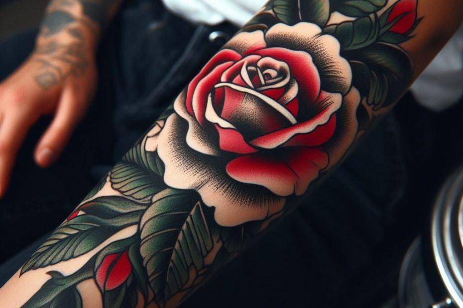 American Traditional Rose Tattoo