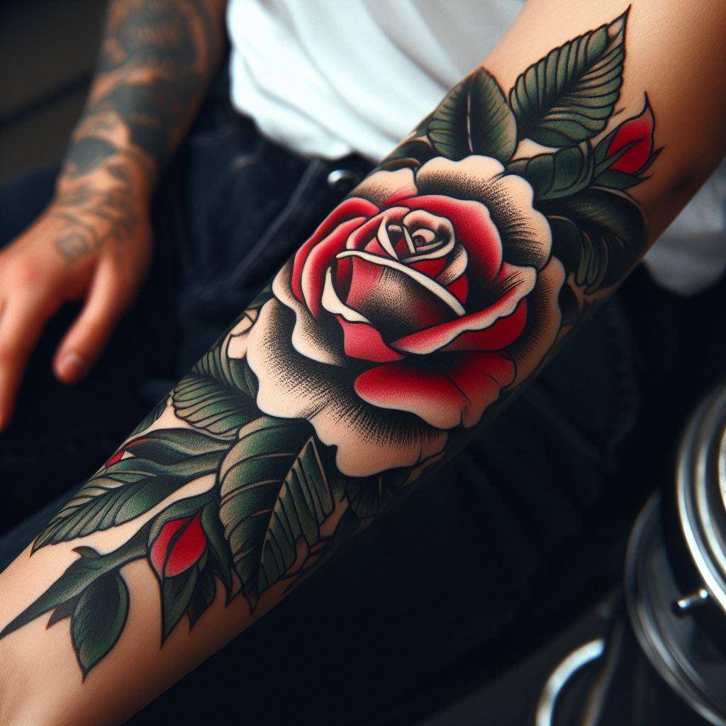 American Traditional Rose Tattoo