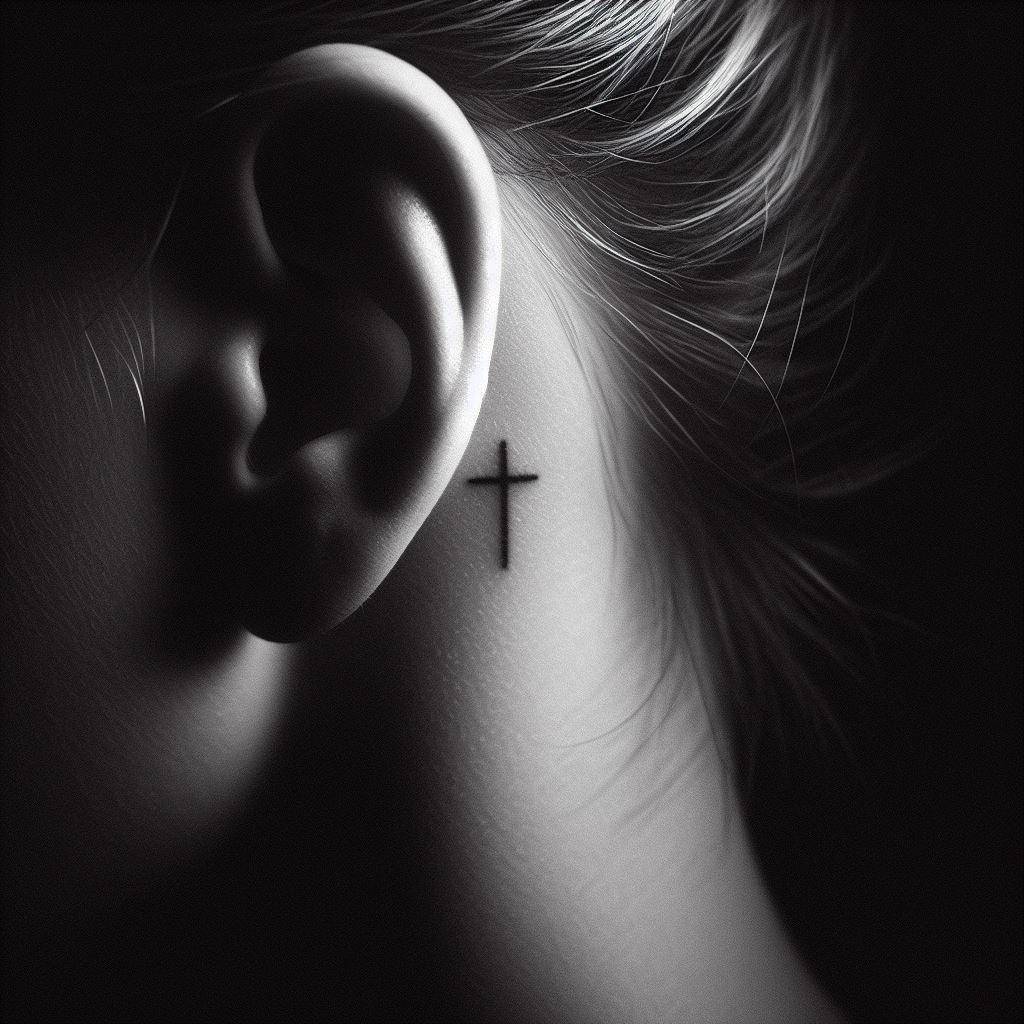 cross tattoo behind ear