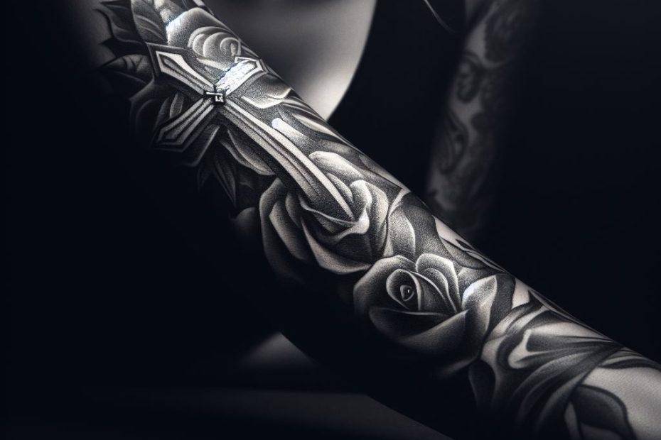 Cross and Rose Tattoo