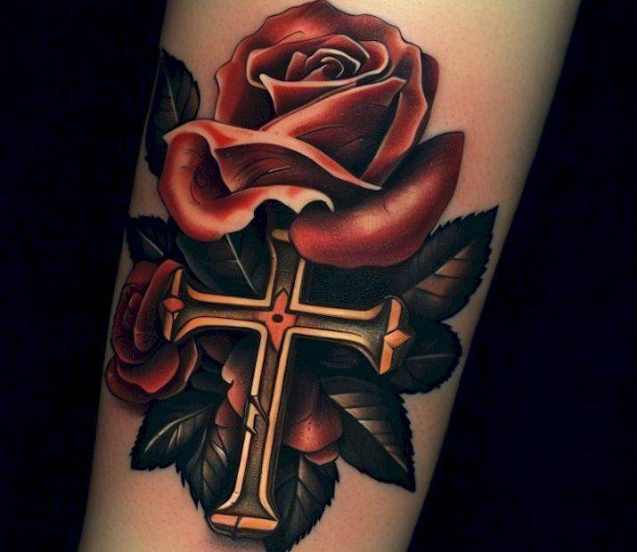 Rose and cross tattoo