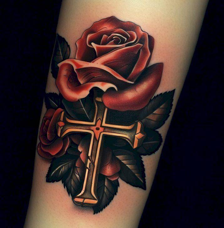 Rose and cross tattoo