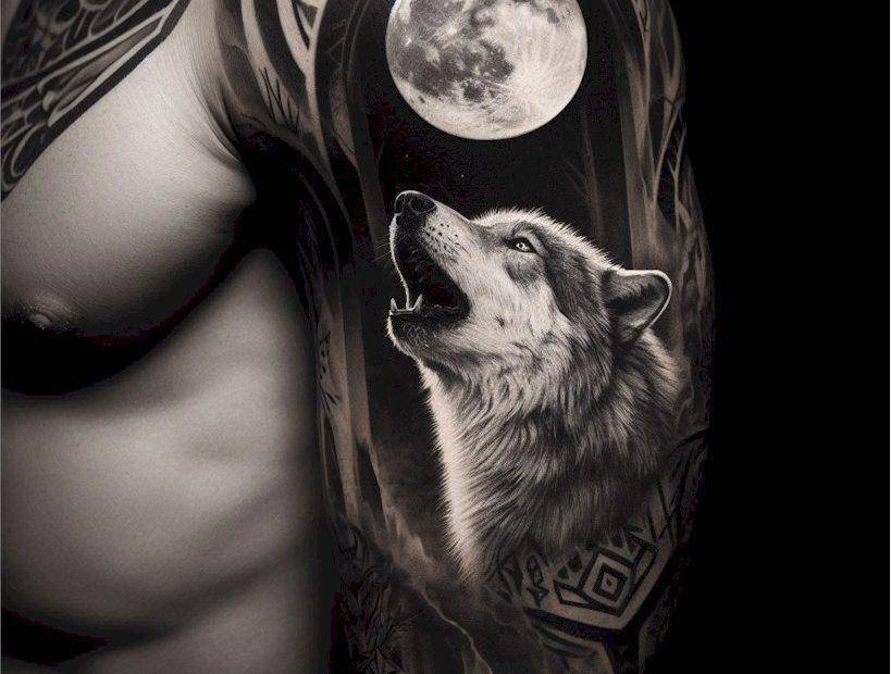 Wolf Howling at the Moon Tattoo