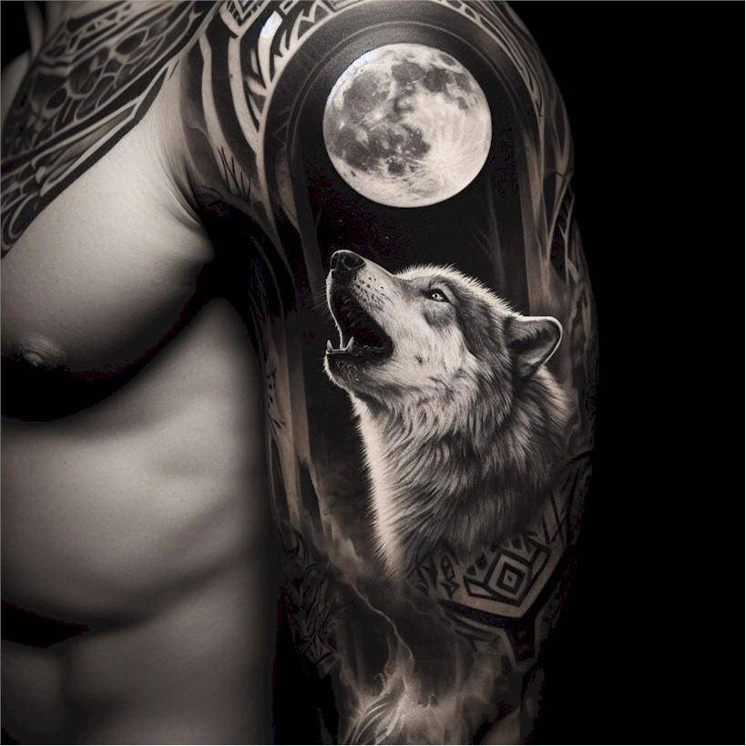 Wolf Howling at the Moon Tattoo