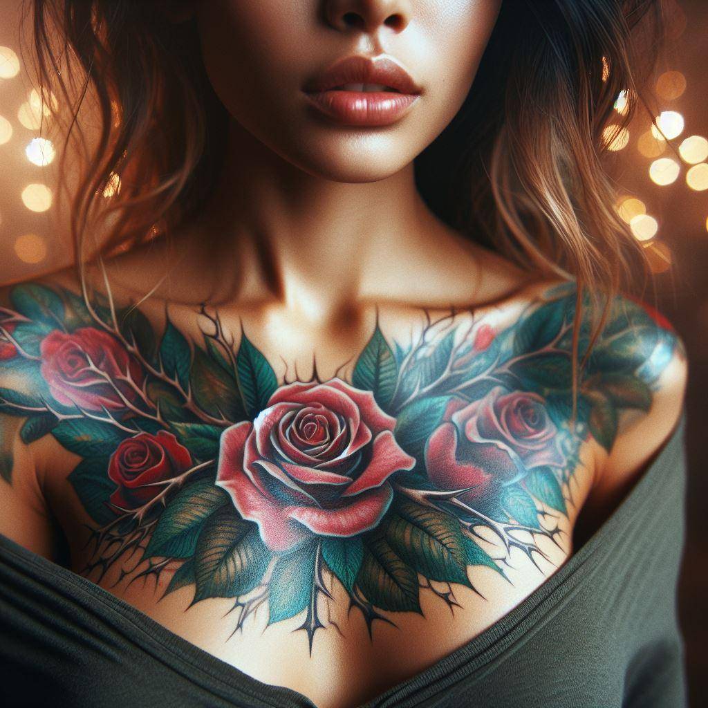 Sternum Rose Tattoo 3