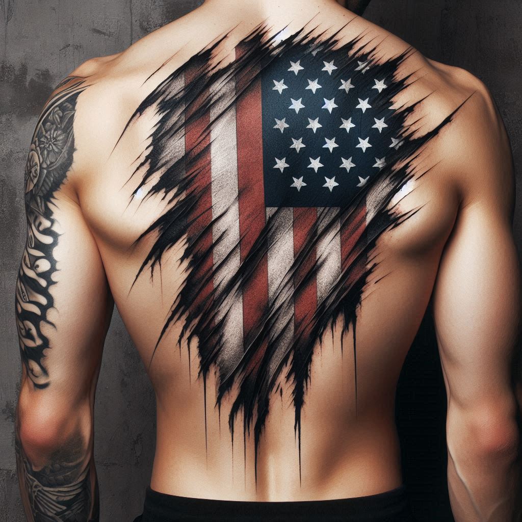 Black Ripped American Flag Tattoo 9